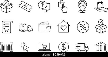 Symbolgruppe für Online-Shopping. E-Commerce-Piktogramme stellen digitale Einzelhandelsverkäufe dar. Marketing-Werbeaktion für die Logistik von Website-App-Stores. Minimalistische Strichkunst Stock Vektor