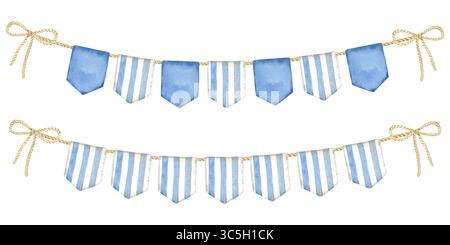 Set aus Wimpelgirlande im Vintage-Stil in weißen und blauen Farben. Handgezeichnete Aquarellillustration von Flaggen im maritimen Stil auf isoliertem Hintergrund Stockfoto