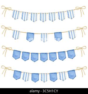 Set aus Wimpelgirlande im Vintage-Stil in weißen und blauen Farben. Handgezeichnete Aquarellillustration von Flaggen im maritimen Stil auf isoliertem Hintergrund Stockfoto