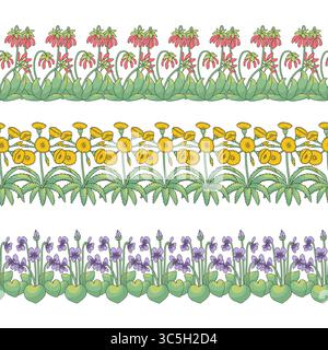 Set mit Streifenmustern mit Blumen der kanarischen Inseln. Horizontale, nahtlose Bänder mit Blumenmuster bündeln sich mit handgezeichnetem Millefleur Stock Vektor