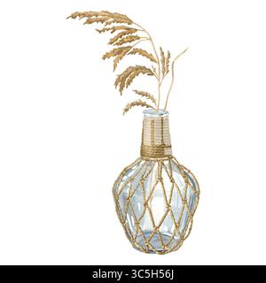 Trockene natürliche Schilfpflanze in Glasflasche, umwickelt mit Seilnetz. Handgezeichnete Aquarellillustration von Pampas Gras und Flasche auf isoliertem Hintergrund. Stockfoto