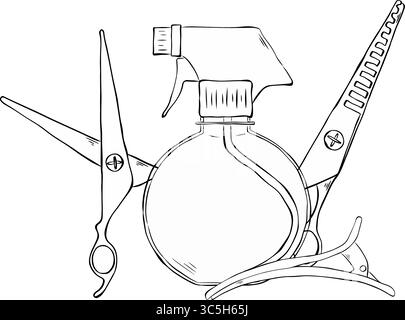Friseurartikel Salonkomposition. Abbildung der grafischen Vektorfarbe. Schere, Sprühflasche, Clips Design für Modegrafiken, Textildrucke, Fabr Stock Vektor