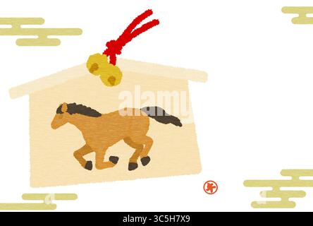 Neujahrskarte im japanischen Stil für das Jahr 2026, das Jahr des Pferdes, Pferdeema - Übersetzung: Pferd Stock Vektor