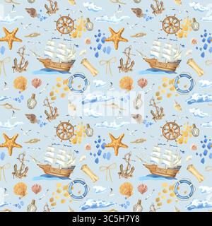 Nahtloses Muster mit Segelboot, Anker, Lenkrad, Rettungsring, Meeresknoten, Seesterne. Handgezeichnete Aquarellillustration mit Schiff auf Wellen auf einem Blau Stockfoto