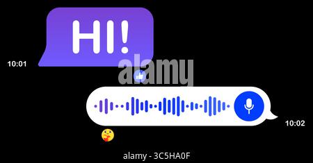 Symbol für Chat-UI festlegen. Sprechblasen mit Zeitstempel, Textantwort, Sprachnachrichten, Waveform, Like-Symbol und denkenden Emojis in Verlaufsblasen Stock Vektor