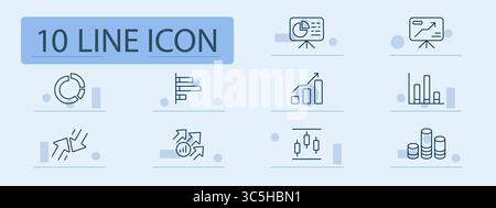 Symbol für Geschäftsdiagramm und Wachstumssatz. Diagramme, Torte, Balken, Kerzenhalter, Dashboard, Metrikpfeile, Flag-, Ziel- und Vergleichsvisualisierungen, die für Analyti dargestellt werden Stock Vektor