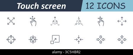 Symbol für Gestensteuerung auf dem Touchscreen. Umrissene Pfeile, Finger, Würfel und Bewegungsrichtungen veranschaulichen Expansion, Verkleinerung, 3D-Manipulation und Neupositionierung Stock Vektor