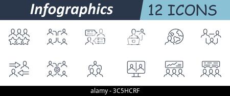 Symbol Infografik-Set. Lineare Symbole zeigen Menschen, Kommunikationsblasen, Teamarbeit, Interaktion, globale Reichweite, Konversation, Zusammenarbeit, Videoanrufe, s Stock Vektor