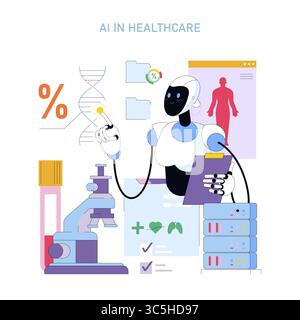 Vektor-Illustration eines Roboters, der KI zur Analyse von Gesundheitsdaten verwendet und mit digitalen Elementen wie DNA-Strängen und medizinischen Symbolen interagiert, was Technologie in der Medizin bedeutet. Stock Vektor