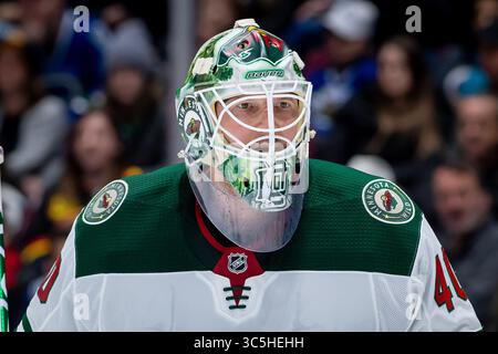 19. Februar 2020: Wilder Torhüter Devan Dubnyk (40) in der Rogers Arena in Vancouver, Kanada, während des NHL-Spiels zwischen den Minnesota Wild und den Vancouver Canucks. Dom Gagne/CSM(Kreditbild: &Copy; Dom Gagne/CSM via ZUMA Wire) Stockfoto