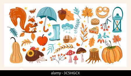 Herbstvektorelemente Set. Gemütliche Herbstaufkleber. Blätter, Kürbisse, Regenschirm, Igel. Die Inschrift Hallo Fall. Isolierter Hintergrund. Abbildung in Stock Vektor
