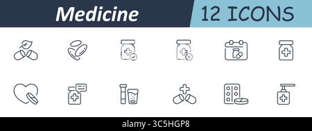 Symbol für Medizinset. Kontursymbole mit Pillen, Kapseln, Kräutermedizin, Flasche, Kalender, Chat, Reagenzglas, Glas, Dosierung, Flüssigkeit, Desinfektionsmittel, Packagi Stock Vektor