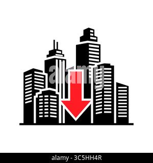 Stadtlandschaft mit Hochhäusern und einem Pfeil nach unten. Das Konzept des fallenden Immobilienmarktes. Stock Vektor