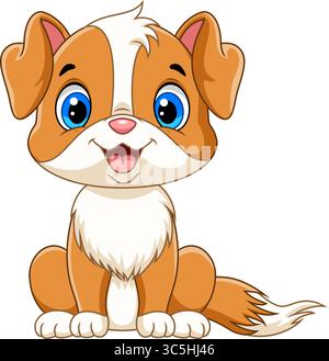 Illustration des Zeichentrickfilms kleiner süßer Hund und entzückendes Sitzen und Lächeln auf weißem Hintergrund Stock Vektor