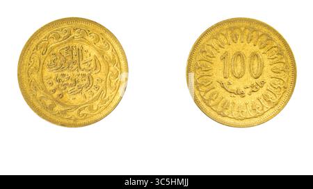 Authentische tunesische Münze 100 Milliemes Jahr 1960 Vorder- und Rückseite Seite auf weißem Hintergrund, Makro Nahaufnahme Stockfoto