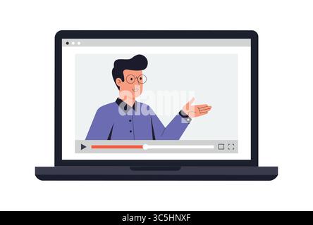 Mann gibt Online-Videovortrag, Online-Bildung Konzept-Vektor-Illustration. Stock Vektor