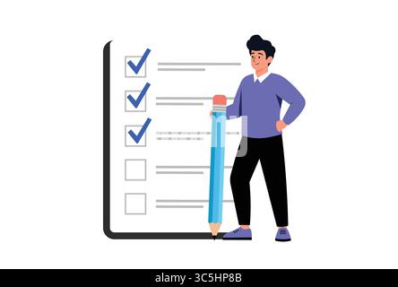 Mann, der die Checkliste mit Bleistift ausfüllt, Produktivitäts- und Aufgabenmanagement-Konzeptvektorillustration. Stock Vektor