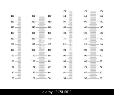 Höhendiagramme von 50 bis 160, 170 Zentimeter. Vorlagen für Wandwachstumsaufkleber. Messwand oder Wachstumslineal. Grafische Abbildung auf weiß Stock Vektor