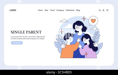 Illustration eines fröhlichen Alleinerziehenden mit zwei Kindern, die sich lächeln und umarmen. Hintergrund: Herzen und Pflanzen. Perfekt für Familien- und Elternthemen. Stock Vektor