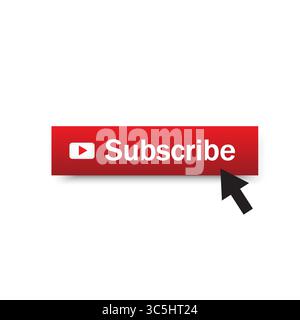 Symbol für Schaltfläche „Abonnieren“. Rotes Videoelement. Klicken Sie auf den Cursor-Pfeil. Vektormediensymbol. Stock Vektor