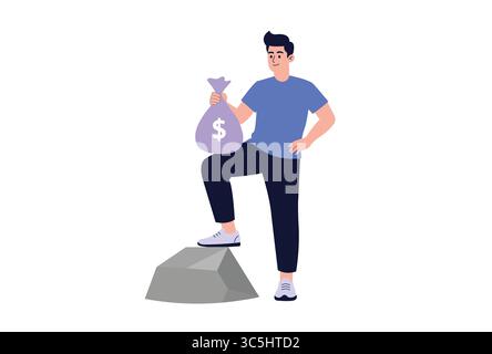Mann, der auf Stein steht und Geldbeutel hält, finanzielle Leistung Konzept Vektor Illustration. Stock Vektor