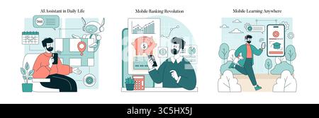Vektorillustration mit KI-Assistenten, Mobile Banking und E-Learning. Zeigt Personen, die Smartphones für verschiedene Aufgaben verwenden. Umfasst Diagramme, digitale Symbole und virtuelle Kommunikation. Stock Vektor