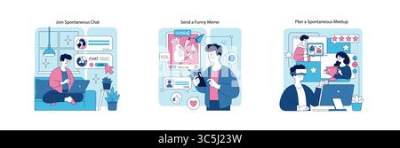 Vektorillustration, die Personen zeigt, die an spontanen Online-Aktivitäten beteiligt sind, z. B. Chats, Versenden von Memes und Planen von Meetups, wobei Themen der digitalen und sozialen Interaktion hervorgehoben werden. Stock Vektor