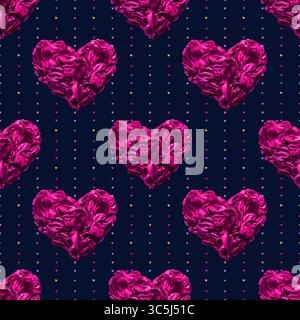 Nahtloses Muster mit Pfingstrosenblütenherzen und gepunktetem dunklem Hintergrund Stockfoto