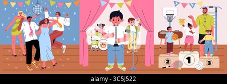 Vektor-Illustration, die ein lebhaftes Ereignis darstellt, bei dem Menschen auf einer Party tanzen, Kinder mit Musikinstrumenten auf der Bühne auftreten und eine Sportpreisverleihung mit Gewinnern auf den Podiumsplätzen stattfindet. Stock Vektor