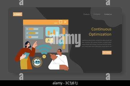 KI Home Context konzentriert sich auf kontinuierliche Optimierung für verbesserte Leistung. Motivierende Charaktere unterstreichen die Bedeutung von Technologie und Innovation für tägliche Aufgaben. Ideal zur Darstellung moderner Lösungen. Vektorabbildung. Stock Vektor