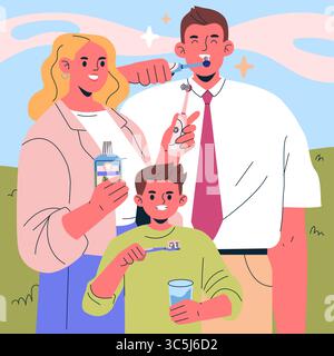 Die Familie übt gemeinsam Mundhygiene, wobei jedes verschiedene Zahnpflegeprodukte wie Zahnbürsten und Mundwasser verwendet. Vektorillustration zur Darstellung gesunder Gewohnheiten und Einheit in der zahnärztlichen Versorgung. Stock Vektor