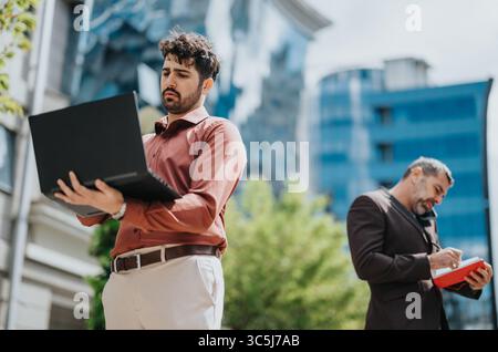 Zwei Kollegen arbeiten im Freien mit einem Laptop und einem Notizblock in einer modernen städtischen Umgebung Stockfoto