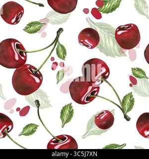 Eine lebendige, nahtlose, handgemalte Aquarellillustration mit Kirschen mit grünen Blättern auf weißem Hintergrund. Hell und Stockfoto