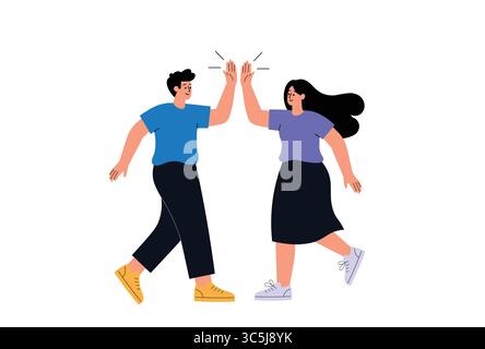 Freunde geben High Five in einer fröhlichen, Teamwork- und Collaboration-Konzeptvektorillustration. Stock Vektor