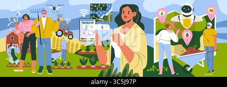 Vektor-Illustration bietet intelligente Landwirtschaft, die KI für Wettervorhersagen, Drohnenüberwachung und nachhaltige landwirtschaftliche Praktiken integriert. Die Mitarbeiter arbeiten mit fortschrittlichen Werkzeugen an der Erntegutverwaltung. Stock Vektor