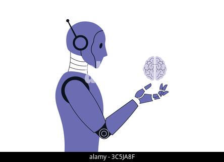 Roboter, der menschliches Gehirn analysiert, um künstliche Intelligenz für Entwicklungsvektor-Illustration zu trainieren. Stock Vektor
