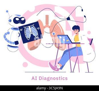 KI in der Medizin transformiert Diagnostik mit innovativen Technologien. Ein Roboterassistent interagiert mit einem medizinischen Fachmann, der Patientendaten analysiert und die Zukunft des Gesundheitswesens und der Technologie demonstriert. Stock Vektor