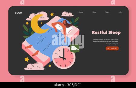 Vektor-Illustration einer Frau, die friedlich auf einem schwebenden rosafarbenen Bett mit einem Mond und Sternen schläft und einen erholsamen Schlaf symbolisiert. Die 8-Stunden-Uhr betont die Qualität der Ruhe. Stock Vektor