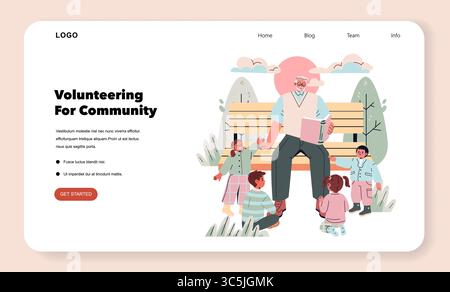 Silver Society-Konzept. Generationenverbundenheit und gemeinnützige Freiwilligentätigkeit. Ältere Erwachsene arbeiten mit verschiedenen Gruppen von Kindern im Freien zusammen und teilen Wissen und Geschichten im unterstützenden öffentlichen Raum. Vektorabbildung. Stock Vektor