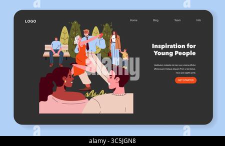 Vektor-Illustration einer vielfältigen Gruppe in einem Park, mit Menschen, die energetisch tanzen. Andere beobachten mit Interesse und Freude. Ideal für Themen wie Gemeinschaft, Outdoor-Aktivitäten und Kreativität. Stock Vektor