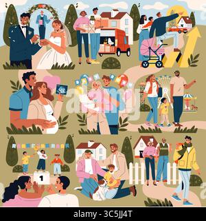 Vektor-Illustration, die verschiedene Phasen des Familienlebens darstellt, einschließlich Hochzeiten, Umzug, Schwangerschaft, Neugeborene, und verbindende Momente. Die Charaktere drücken Freude und Zusammengehörigkeit aus. Stock Vektor