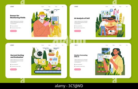 Vektor-Illustrationsset, das KI-gesteuerte Technologien in der Landwirtschaft zeigt, einschließlich Drohnen für die Überwachung von Feldern, Bodenanalyse, Erntesortierung und Wettervorhersage. Moderne Innovationen in der Landwirtschaft. Stock Vektor