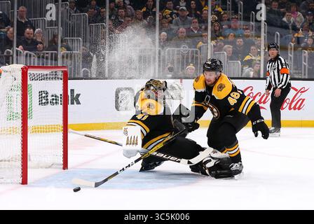 Februar 2020; Boston, MA, USA; Boston Bruins Torhüter Jaroslav Halak (41) und Boston Bruins Verteidiger Matt Grzelcyk (48) im NHL-Spiel zwischen den Dallas Stars und Boston Bruins im TD Garden. Anthony Nesmith/CSM(Credit Image: &Copy; Anthony Nesmith/CSM via ZUMA Wire) Stockfoto