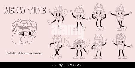 Set aus Retro-Cartoon-Kaffeetassen in Form von Katzen mit Schwanz, Whiskern und Ohren im Line-Art-Stil. Groovige Charaktere in Form einer Kaffeetasse Stock Vektor