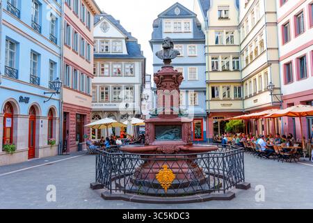 Frankfurt, Deutschland - 10. Juni 2025: Historischer Brunnen auf einem pulsierenden Platz in Frankfurt, umgeben von malerischen Cafés und traditioneller Architektur Stockfoto