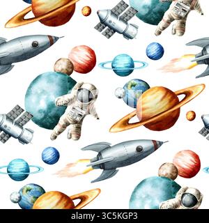 Kosmisches nahtloses Muster, handgezeichnete Aquarellillustration isoliert auf dem weißen Hintergrund Stockfoto