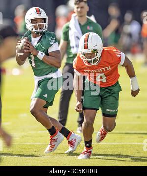 März 2020, Coral Gables, FL, USA: Miami Hurricanes Quarterback D'Eriq King (1) setzt sich als Running Back Jaylan Knighton (4) durchläuft Übungsübungen am Montag, 2. März 2020 im Greentree Field der University of Miami in Coral Gables, Florida (Kreditbild: © TNS via ZUMA Wire) Stockfoto