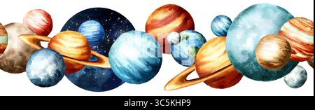 Nahtloser Musterrand des kosmischen Raums. Handgezeichnete Aquarellillustration isoliert auf weißem Hintergrund Stockfoto