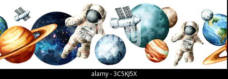 Nahtloser Musterrand des kosmischen Raums. Handgezeichnete Aquarellillustration Stockfoto