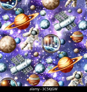Kosmischer Raum nahtloses Muster, handgezeichnete Aquarellillustration Stockfoto